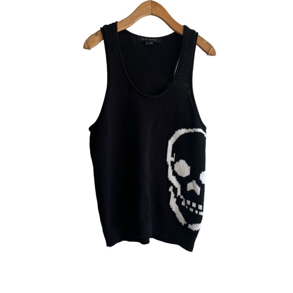 Late Y2K Skull Cashmere 100% Cotton Skull Print Black Knit Scoop Neck Tank - Picture 1 of 11